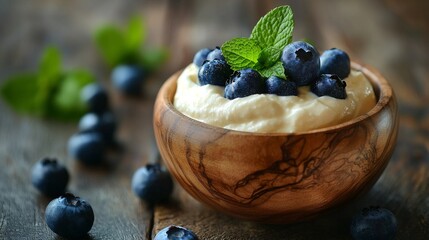 In two white bowls, a dessert of Greek yogurt or cream with fresh blueberries