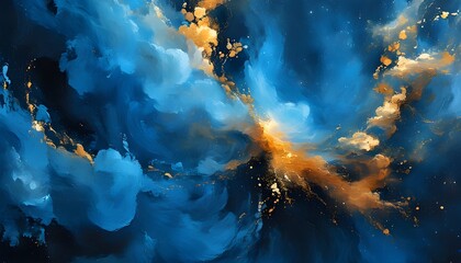 Wall Mural - Celestial Ocean Vortex in Blue and Gold Paint, a Dynamic Abstract Explosion Inspiring Creativity and Imagination at Night