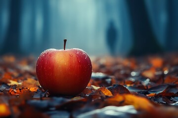 Sticker - A single red apple rests on autumn leaves in a misty forest setting.