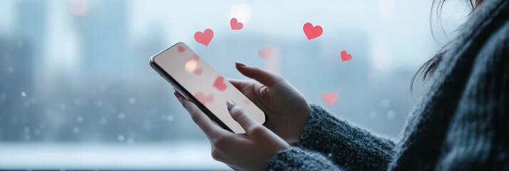 Poster - Smartphone with heart icons on display, symbolizing connections made through online dating apps.
