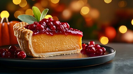 Wall Mural - Delicious Pumpkin Pie with Cranberry Sauce and Sage Garnish