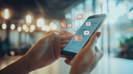 Poster - Hand holding smartphone with heart icons on screen, depicting popularity on social media platforms.