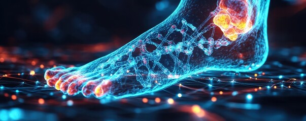 Poster - Intricate digital illustration of a human foot with glowing neural networks, highlighting anatomical connections and futuristic technology