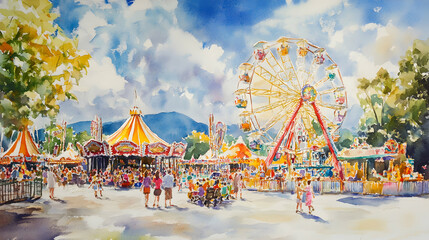 Joyful watercolor painting of a lively summer fair with colorful tents, fun rides, and excited visitors enjoying a range of activities under a bright, sunny sky