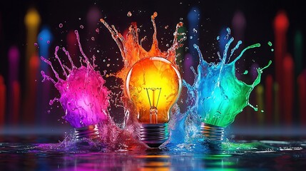 Wall Mural -   A rainbow-colored lightbulb crashes into water