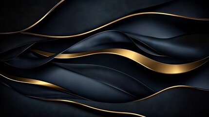 Wall Mural -   A black and gold abstract background with wavy lines and a gold stripe below the curve