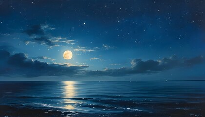 Serene Night Sky with Full Moon Reflecting on Calm Ocean Beneath a Vast Starry Blanket