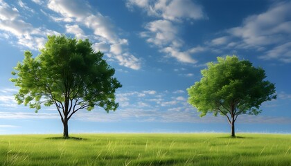 Serene Meadow Embracing Two Trees Beneath a Clear Blue Sky, Reflecting Peace, Nature, Growth, Tranquility, and Hope