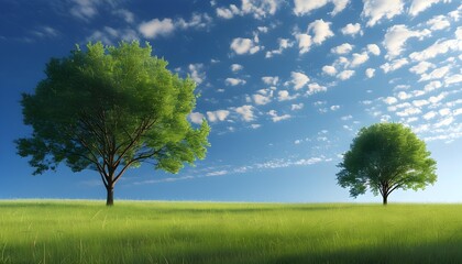 serene meadow embracing two trees beneath a clear blue sky, reflecting peace, nature, growth, tranqu