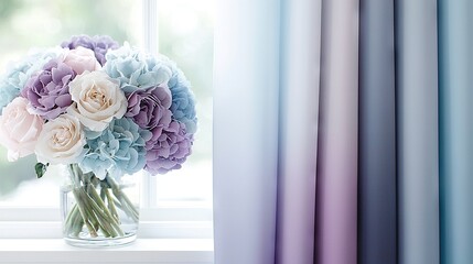 Poster -   A vase with a bouquet of flowers on a window sill, framed by blue and purple drapes