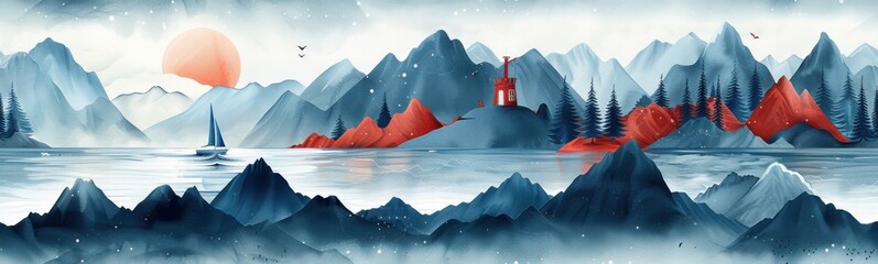 Wall Mural - Mountains with a lighthouse and a boat in the middle of them, banner, copy space