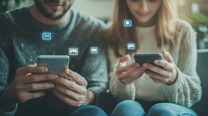 Poster - Couple on sofa using smartphones, surrounded by social media icons. Engaged in digital interactions.