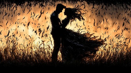   A man and woman embracing in a field of tall grass during sunset