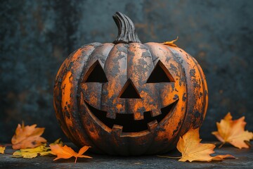 A pumpkin with a smiley face carved into it sits on a table with some leaves. The pumpkin has a spooky and playful vibe, making it a perfect decoration for Halloween