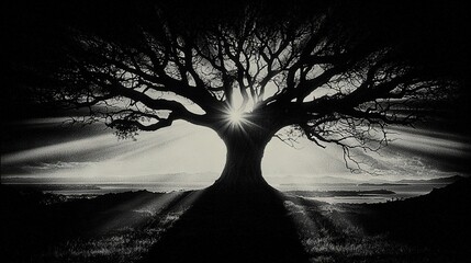 Wall Mural - a monochromatic image of a tree with sunlight filtering through its foliage and limbs