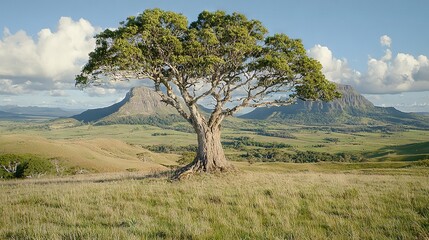   A large tree stands tall in the middle of a grassy field, with mountains looming in the background In the distance, clouds float lazily across the sky