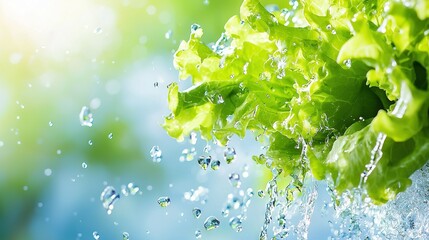 Poster -   A close-up of fresh lettuce with water droplets, and a clear blue sky in the background