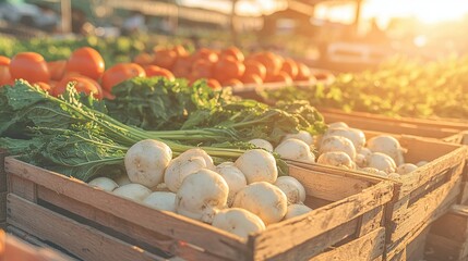 Wall Mural -   A wooden crate brimming with a variety of veggies, adjacent to an orange-radish mound