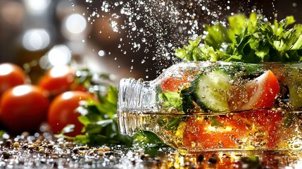 Poster -   Tomatoes, cucumbers, lettuce, and other vegetables are mixed together in a bowl of water