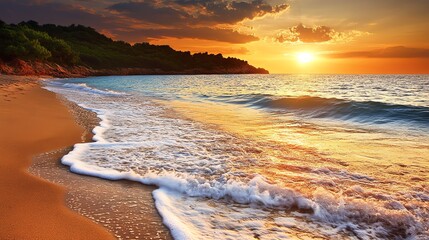 Wall Mural - A golden sunset over a tranquil beach with waves gently rolling in.