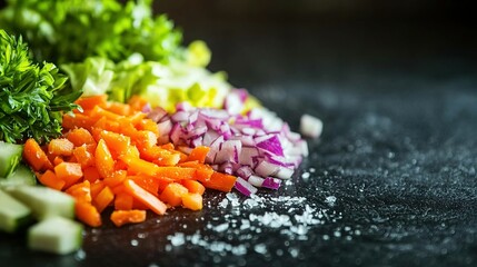 Wall Mural -   A pile of chopped vegetables sits atop a black counter with accompanying salt and pepper nearby