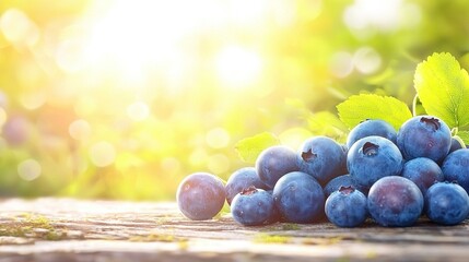 Wall Mural -   A table with a cluster of blueberries on it, surrounded by greenery