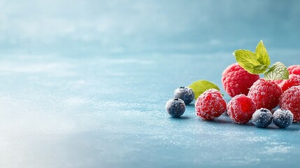   Raspberries, blueberries, and leaves on a blue surface with a green background