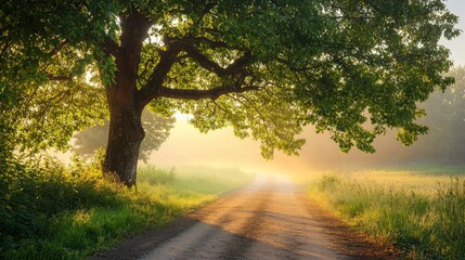 Wall Mural - Against the background of a big tree and a beautiful natural landscape, an abstract route and journey appear