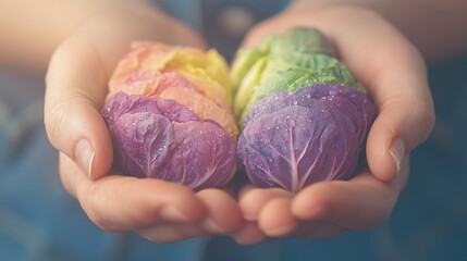 Wall Mural -   Two hands holding dripping lettuce with a rainbow-colored substance