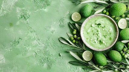 Wall Mural -  A green smoothie in a white bowl with limes and a sprig of rosemary against a green backdrop