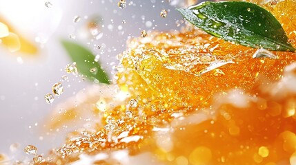 Poster -   Close-up of an orange with a leaf on top and water droplets