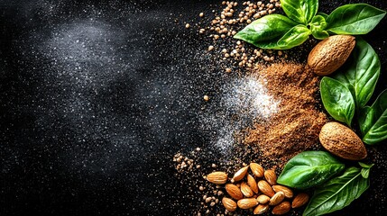  Pile of nuts and green leaves on black background with a touch of salt and spices