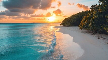 Wall Mural - A scenic sunset over a tropical beach, with the sun setting behind the palm trees.