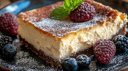 Poster -   A platter of cheesecake adorned with fresh berries and dusted with powdered sugar, garnished with a sprig of mint