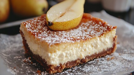 Wall Mural -  Cheesecake with apple slice and powdered sugar Bite taken out