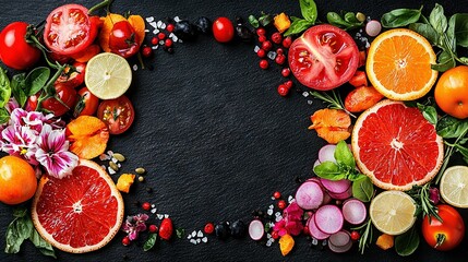 Wall Mural -   A black background showcases an arrangement of various fruits and vegetables shaped like the letter O