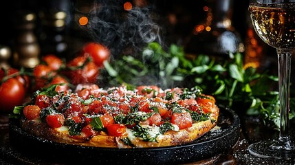 Wall Mural -   A pizza perched atop a topping-covered pan with glasses of wine beside it