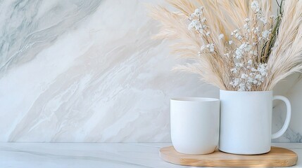 Wall Mural -   A pair of white mugs rests on a wooden tray beside a marble countertop