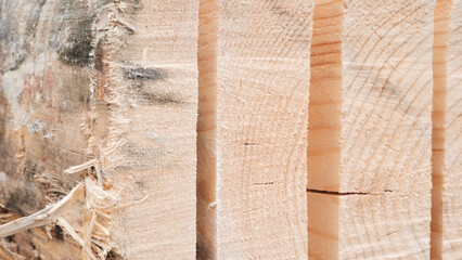 Poster - A pile of wood with a saw blade in the background. The wood is cut into pieces and is stacked on top of each other