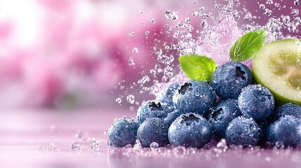   A photo shows a blueberry and cucumber heap with water spilling from the top and a green leaf on top