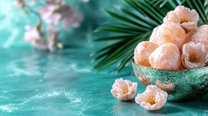   A close-up of a bowl of doughnuts on a table with a palm leaf and flowers in the background