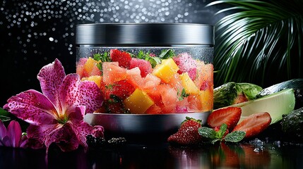 Wall Mural -   Fruit bowl on table with cucumber slices