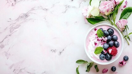 Wall Mural -   A bowl of yogurt with blueberries, raspberries, and mint leaves on a white surface