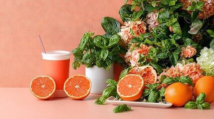 Wall Mural -   Next to a plate of oranges and a vase of flowers is a cup on a pink surface with a straw