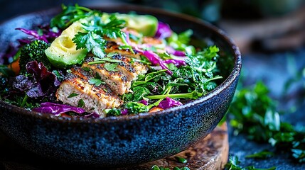 Wall Mural -   A photo of a bowl of food placed on a wooden cutting board with broccoli and avocado