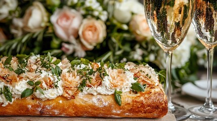 Wall Mural -   A table topped with a loaf of bread and toppings sits beside two wine glasses and a bouquet of flowers