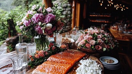 Poster -   A wooden table topped with plates of food and vases filled with flowers, next to a bowl of food