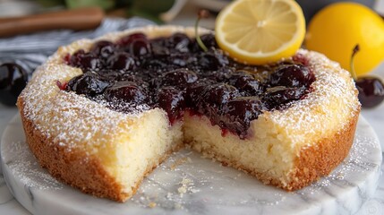 Wall Mural -   A picture of a close-up cake on a plate with a piece cut out and a lemon wedge nearby