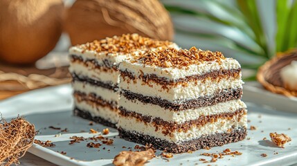 Poster -   A piece of cake sits atop a white plate adjacent to another piece of cake on a white plate