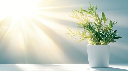 Poster -   A potted plant sits on a table, with sunlight filtering through its leaves